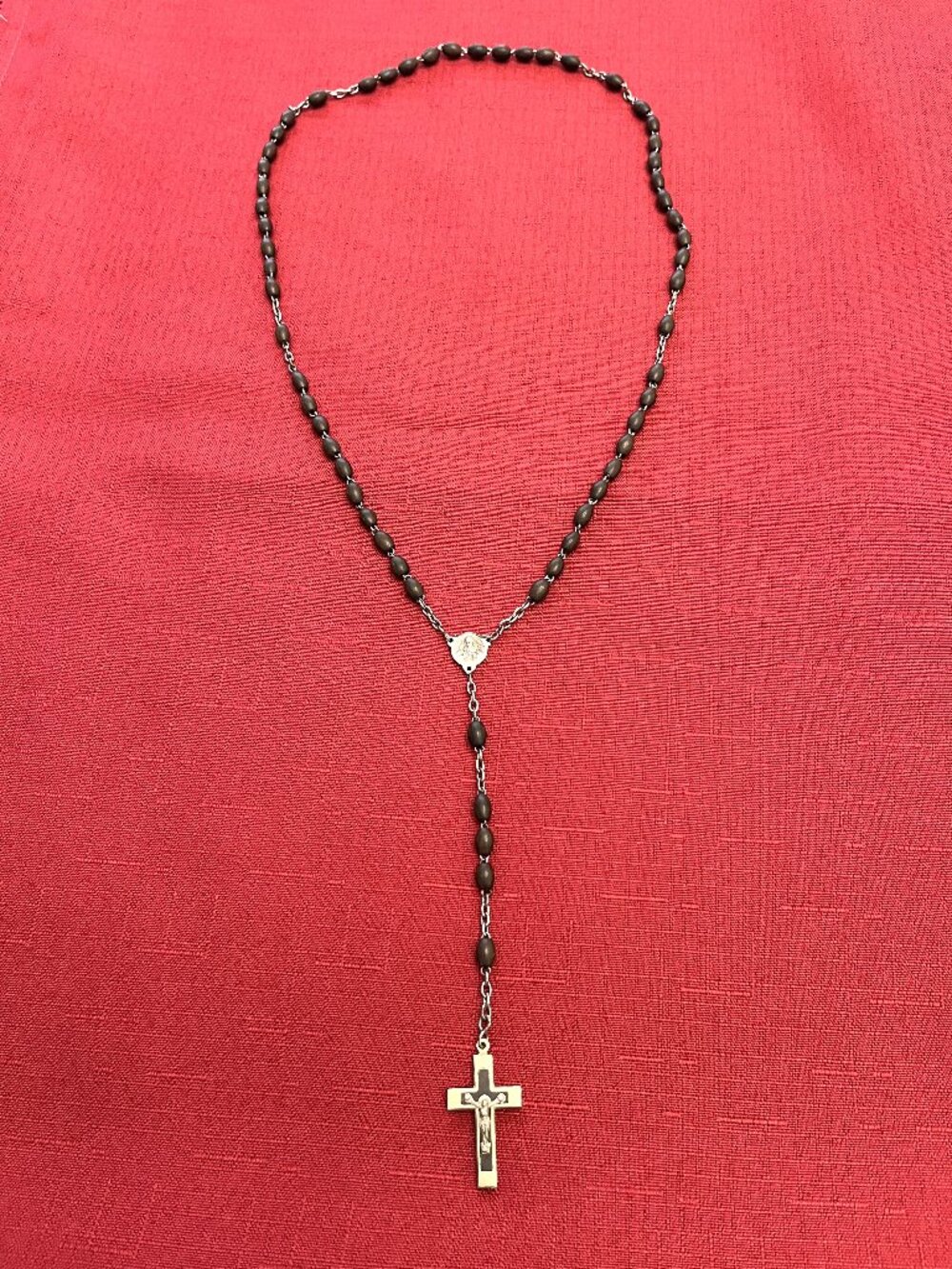 Vintage Rosary Beads FRANCE - Wood and Aluminum Brown 19 Inch